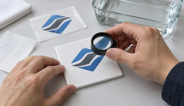 Editorial illustration of inspecting a water-slide transfer on a white test panel with a magnifying loupe beside transfer-paper samples and a water tray