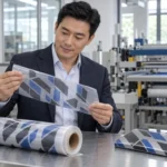 Editorial illustration of a Chinese businessman reviewing printed transfer-carrier material beside a matching finished sample in a workshop