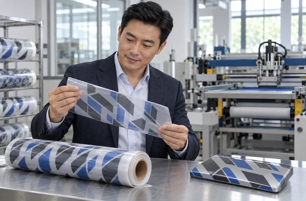 Editorial illustration of a Chinese businessman reviewing printed transfer-carrier material beside a matching finished sample in a workshop