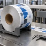 Illustration of a printed film roll on a cradle with inspection tools beside its wound edge