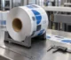Illustration of a printed film roll on a cradle with inspection tools beside its wound edge