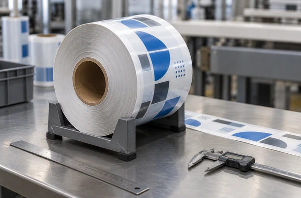 Illustration of a printed film roll on a cradle with inspection tools beside its wound edge