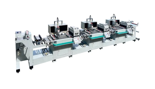 Original WL-350-3C catalogue photograph showing a three-station roll-to-roll screen printing line