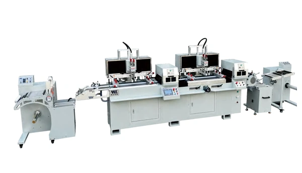 Original WL-350S catalogue photograph showing the two-station UV roll-to-roll screen printing line